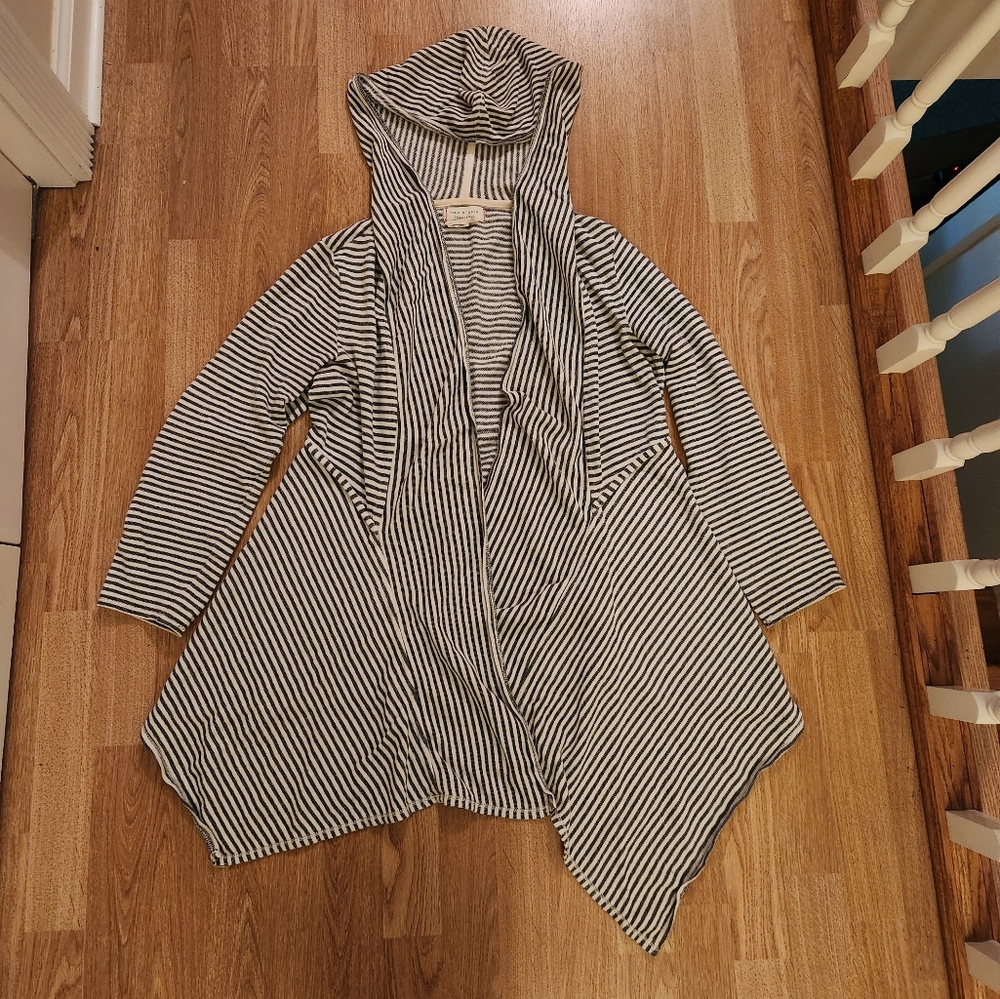 Max Studio Weekend Cotton Striped Hooded Open Front Cardigan Jacket Medium
